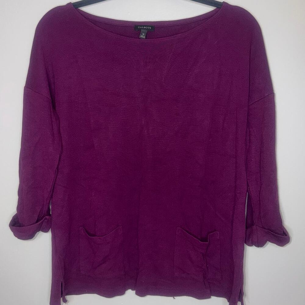 Talbots Womens Size Medium Plum 3/4 Rolled Sleeve Pocket Double Pocket Blouse